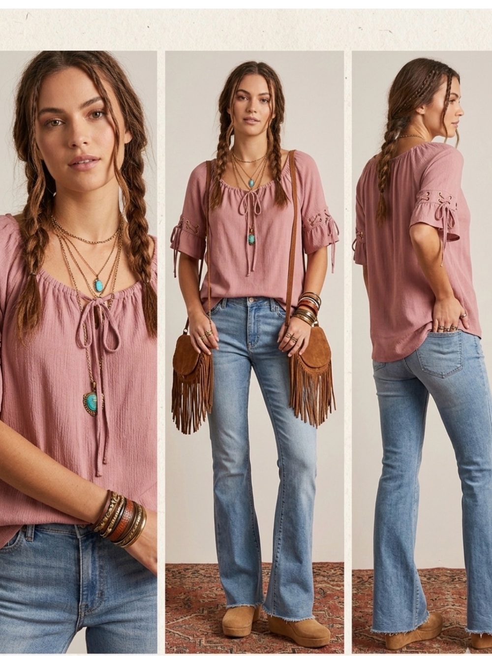 🍁NAIF Dusty Rose Lace-Up Sleeve Peasant Top🍁